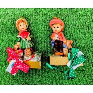 1980s VTG Christmas Holiday Stichler Boy & Girl Candy+Hanging Ornaments 2-pc Set